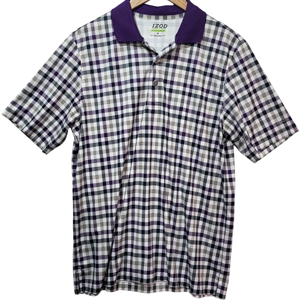 IZOD PerformX Golf Mens Medium Purple Plaid Short Sleeve Performance Polo Shirt